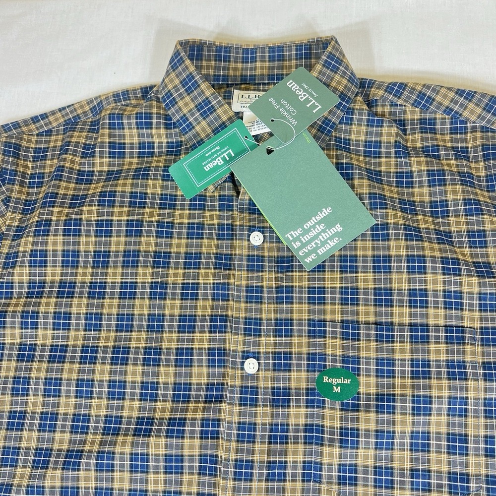 LL Bean Shirt Plaid Blue Tan Cotton Mens M Regular 502253 - Picture 2 of 9